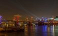 ночь, огни, река, мост, великобритания, лондон, катера, golden jubilee bridge