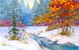 art., wald, winter, landschaft, bach, malerei