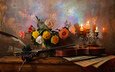 цветы, свечи, розы, ноты, скрипка, букет, ваза, перо, столик, натюрморт, подсвечник, чернильница, андрей морозов