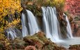 река, скалы, природа, листья, ветки, водопад, осень, michael wilson