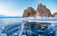 озеро, скалы, зима, пейзаж, лёд, россия, байкал