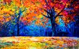 арт, деревья, листья, пейзаж, осень, живопись