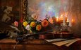 цветы, свечи, картина, розы, ноты, скрипка, ваза, перо, столик, натюрморт, чернильница, андрей морозов