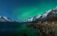 озеро, горы, природа, зима, пейзаж, сияние, северное сияние, норвегия