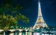 ночь, огни, река, отражение, мост, город, париж, франция, эйфелева башня
