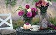 цветы, блюдце, букет, чашка, свеча, выпечка, столик, кекс, георгины