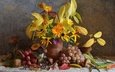 цветы, листья, виноград, осень, грибы, букет, натюрморт, композиция, редис