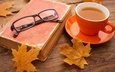листья, настроение, осень, очки, чашка, чай, книга