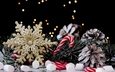 новый год, украшения, хвоя, фон, конфеты, блики, праздник, рождество, шишки, снежинка, декор