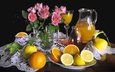 цветы, розы, фрукты, апельсины, черный фон, салфетка, кувшин, натюрморт, лимоны, цитрусы, сок