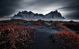 небо, горы, природа, пейзаж, исландия, темно, vestrahorn islande