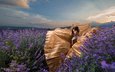 цветы, облака, девушка, платье, поле, лаванда, модель, длинные волосы, minko minkov