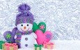 снег, новый год, подарки, снеговик, рождество, сердечки