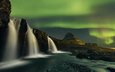 река, горы, природа, водопад, северное сияние, исландия, киркьюфетль, etienne ruff, снайфедльснес