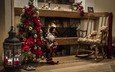новый год, елка, украшения, фонарь, игрушки, камин, рождество, кресло-качалка