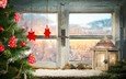 снег, новый год, елка, фонарь, окно, рождество