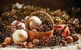 новый год, шары, орехи, корзина, рождество, шишки, елочные украшения, фундук, мишура, грецкие орехи