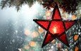 новый год, елка, зима, звезда, свеча, рождество, боке, снегопад