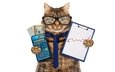 кот, мордочка, усы, кошка, взгляд, очки, юмор, белый фон, деньги, доллары, галстук, график, калькулятор, бухгалтер