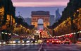 дорога, ночь, огни, город, париж, улица, триумфальная арка, франция
