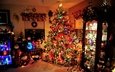 огни, елка, интерьер, дом, игрушки, праздники, рождество, снеговики