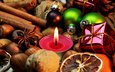 новый год, орехи, корица, свеча, рождество, елочные игрушки, пряности, анис, бадьян