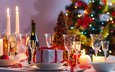 новый год, елка, стол, подарок, рождество, шампанское