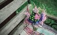 цветы, скамейка, букет, композиция