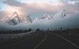 небо, дорога, облака, горы, природа, туман