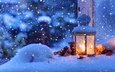 свет, снег, зима, фонарь, свеча, рождество, шишки, боке, фонарик