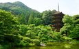 деревья, горы, пагода, япония, пруд, ямагучи