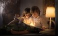вечер, лампа, дети, девочка, мальчик, книга, чтение, iwona podlasinska, боке 1
