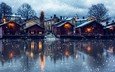 озеро, снег, новый год, елка, зима, город, дома, финляндия, porvoo