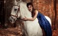 лошадь, девушка, взгляд, модель, волосы, губы, лицо, макияж, конь, синее платье