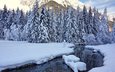 деревья, река, горы, снег, природа, зима