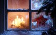 свечи, новый год, звезда, окно, рождество, снежинка
