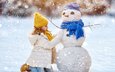 снег, новый год, зима, дети, девочка, снеговик, ребенок, рождество