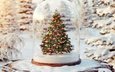 снег, дерево, новый год, елка, зима, шарики, праздники, рождество, пень