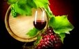 листья, виноград, бокал, вино, бочка, красное