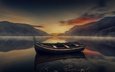 озеро, горы, природа, закат, лодка