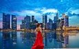 девушка, отражение, город, модель, красное платье, сингапур