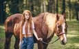 лошадь, девушка, лето, взгляд, рыжая, джинсы, волосы, лицо, прогулка, конь, грива