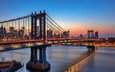 ночь, огни, река, мост, город, сша, нью-йорк, манхэттенский мост