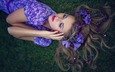 цветы, трава, девушка, модель, волосы, лицо, макияж, лежа, фиолетовое платье