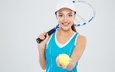 девушка, фон, улыбка, теннис, ракетка, мячик, кепка, майка, спортсменка