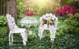 цветы, природа, лето, сад, стул, корзина, столик
