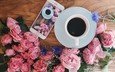 цветы, розы, кофе, завтрак