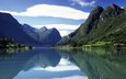 озеро, горы, природа, лес, дома, норвегия, стрюн, озеро oldenvatnet