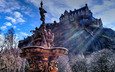 деревья, замок, фонтан, холм, шотландия, эдинбург, ross fountain, эдинбургский замок, princes street gardens