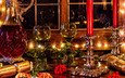 свечи, ягоды, окно, вино, бокалы, рождество, выпечка, пирожное, графин